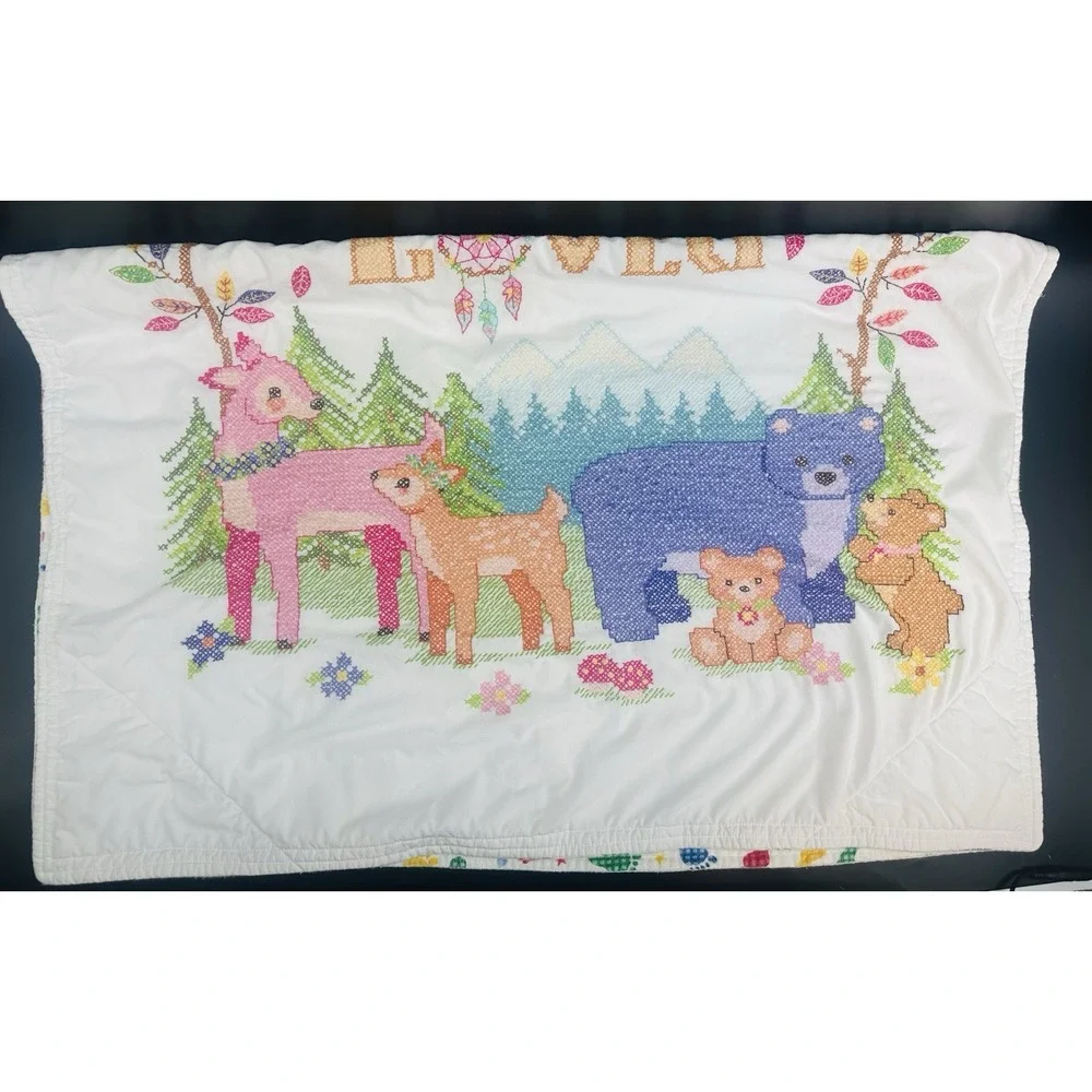 VTG Cross Stitch Baby Quilt Completed Crib Blanket Baby Animals 